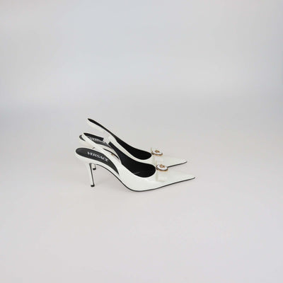 Versace White Patent Leather Gianne Ribbon Slingback Pumps