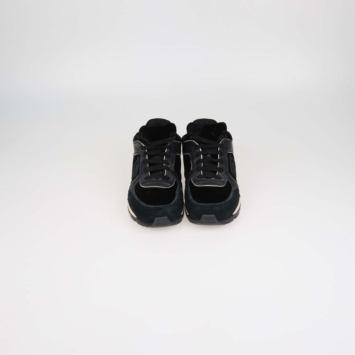 Chanel Black Velvet and Leather CC Logo Lace Up Sneakers