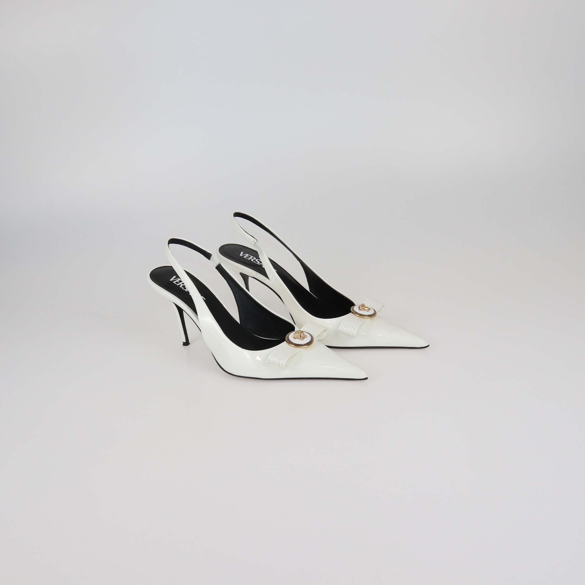 Versace White Patent Leather Gianne Ribbon Slingback Pumps