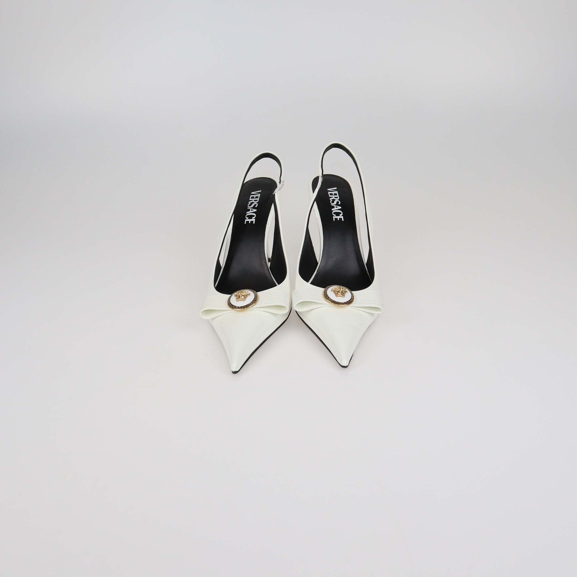 Versace White Patent Leather Gianne Ribbon Slingback Pumps