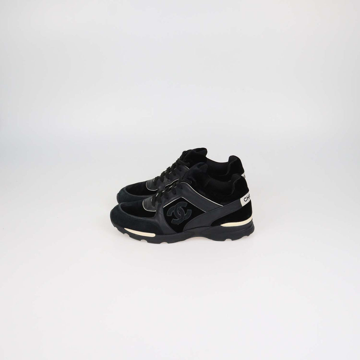 Chanel Black Velvet and Leather CC Logo Lace Up Sneakers