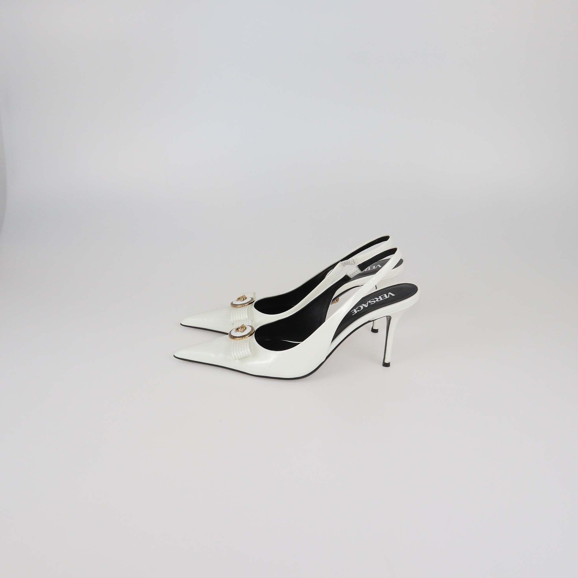 Versace White Patent Leather Gianne Ribbon Slingback Pumps