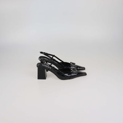 Versace Black Patent Leather Medusa Block Heel Slingback Pumps