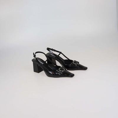 Versace Black Patent Leather Medusa Block Heel Slingback Pumps