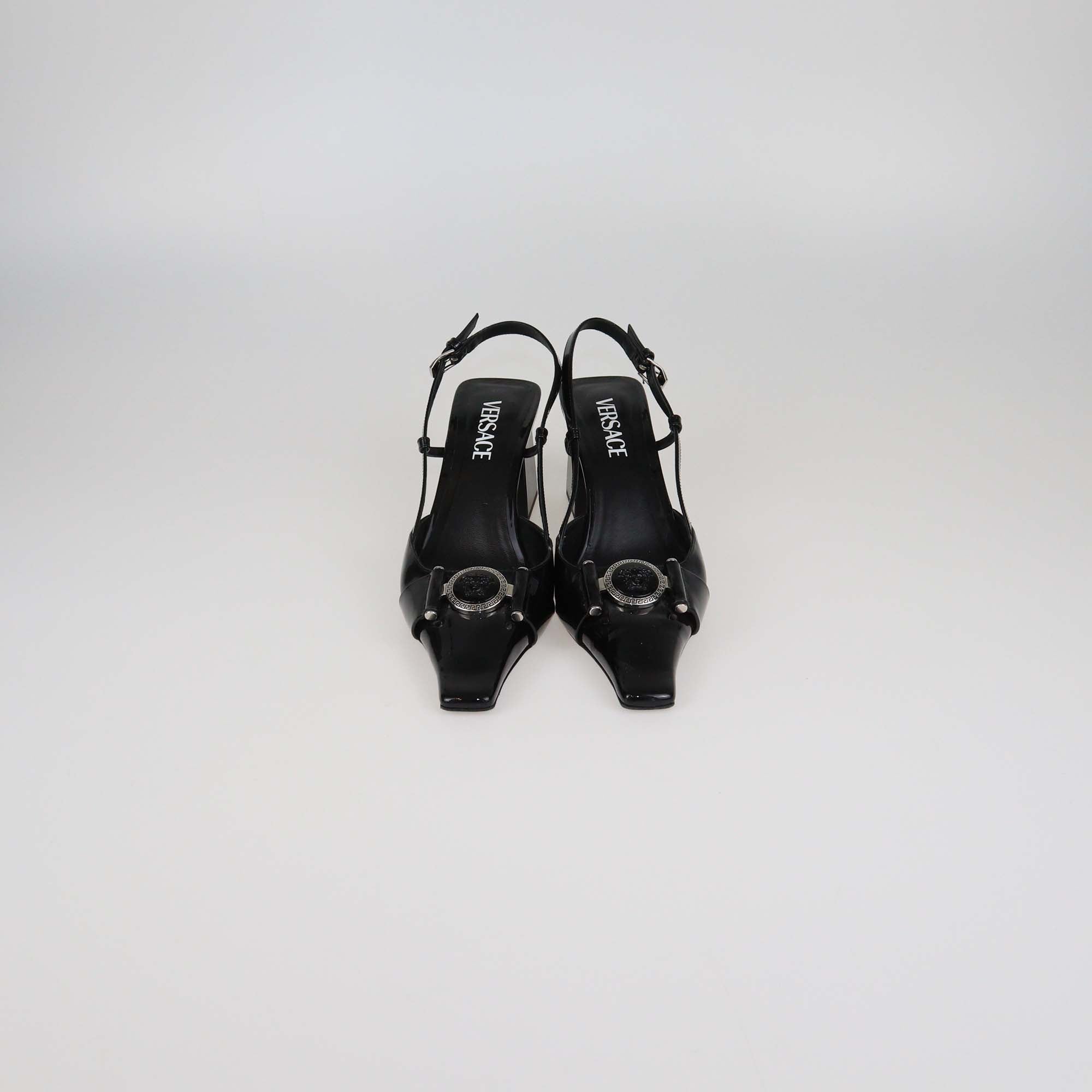Versace Black Patent Leather Medusa Block Heel Slingback Pumps
