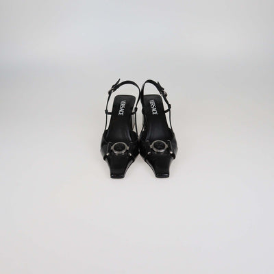 Versace Black Patent Leather Medusa Block Heel Slingback Pumps