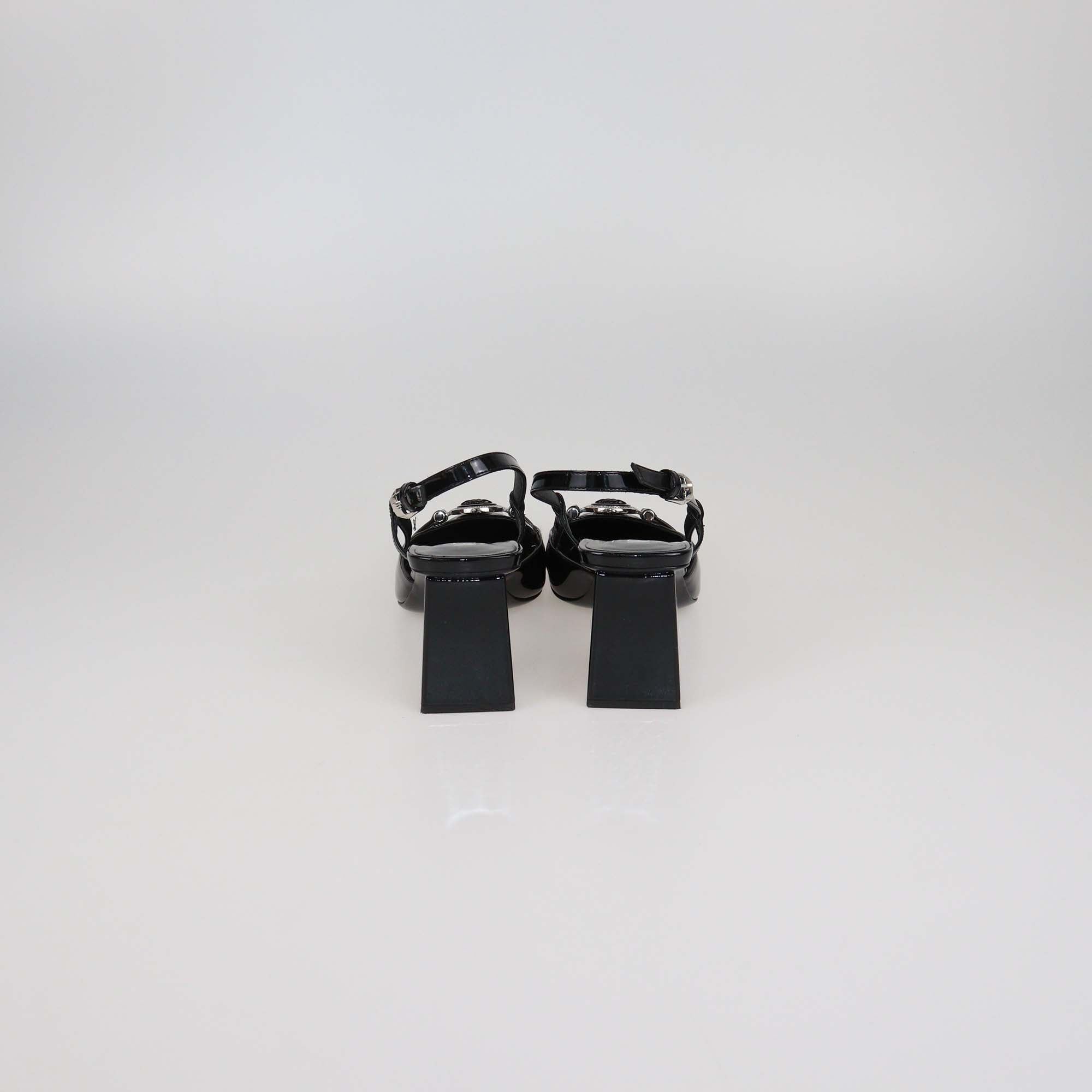 Versace Black Patent Leather Medusa Block Heel Slingback Pumps