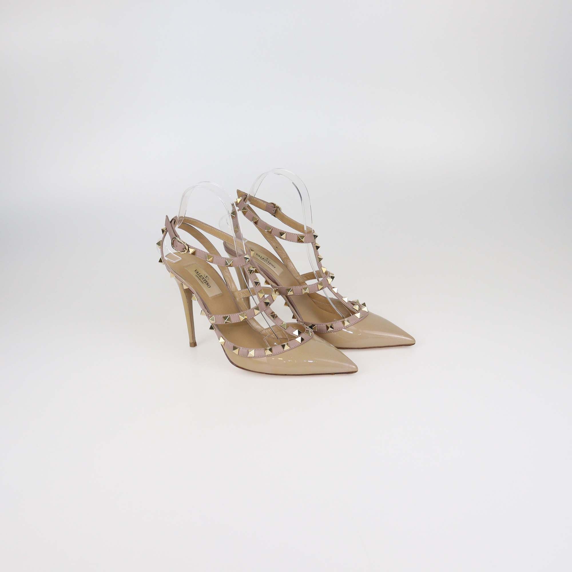 Valentino Dusty Pink/Beige Patent Leather Rockstud Ankle Strap Pumps