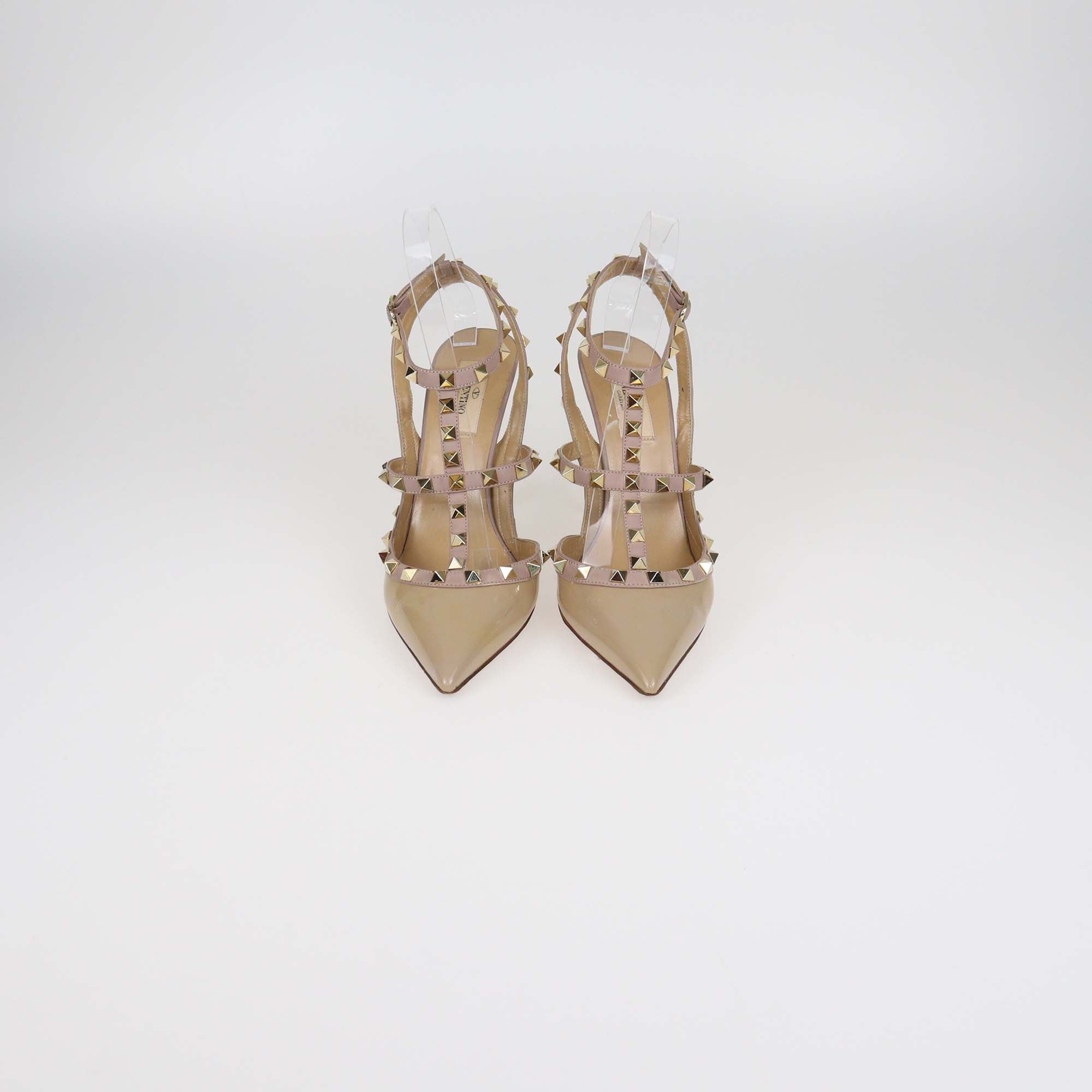 Valentino Dusty Pink/Beige Patent Leather Rockstud Ankle Strap Pumps