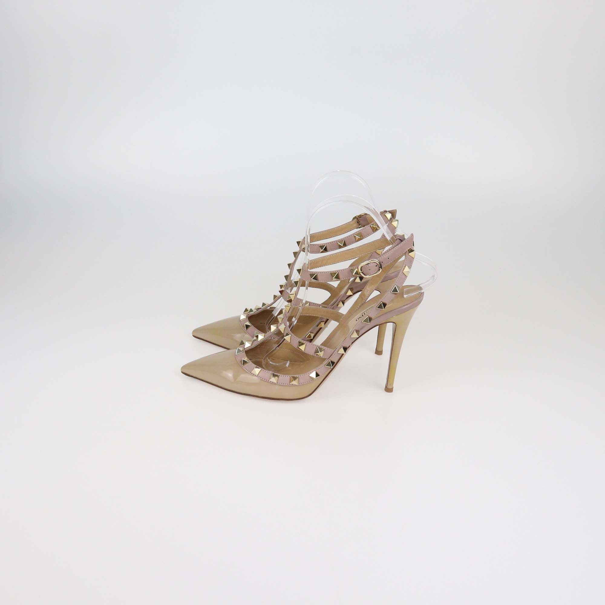 Valentino Dusty Pink/Beige Patent Leather Rockstud Ankle Strap Pumps