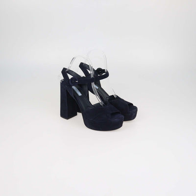 Prada Navy Blue Suede Ankle Strap Platform Sandals