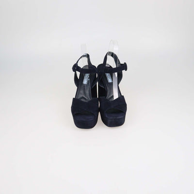 Prada Navy Blue Suede Ankle Strap Platform Sandals