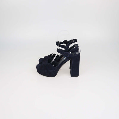 Prada Navy Blue Suede Ankle Strap Platform Sandals