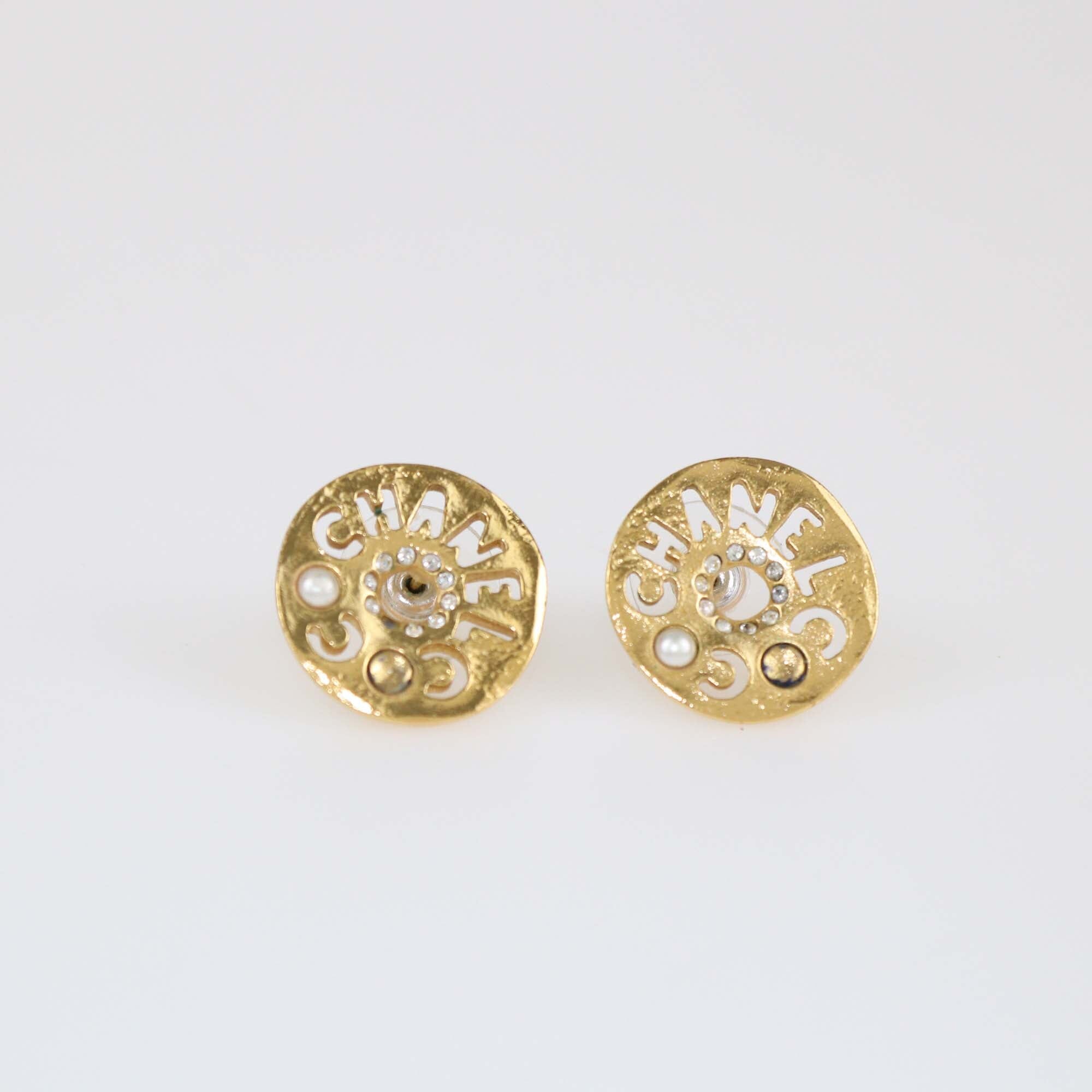 Chanel Gold Tone Metal Faux Pearl Crystal Coco Round Earrings Womens Chanel 