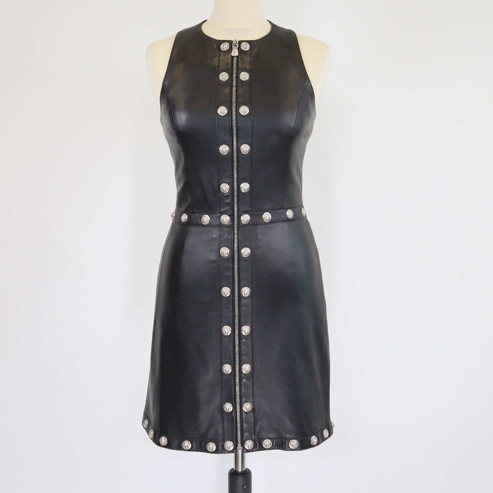Versus Versace Black Leather Round Neck Sleeveless Studded A Line Dress