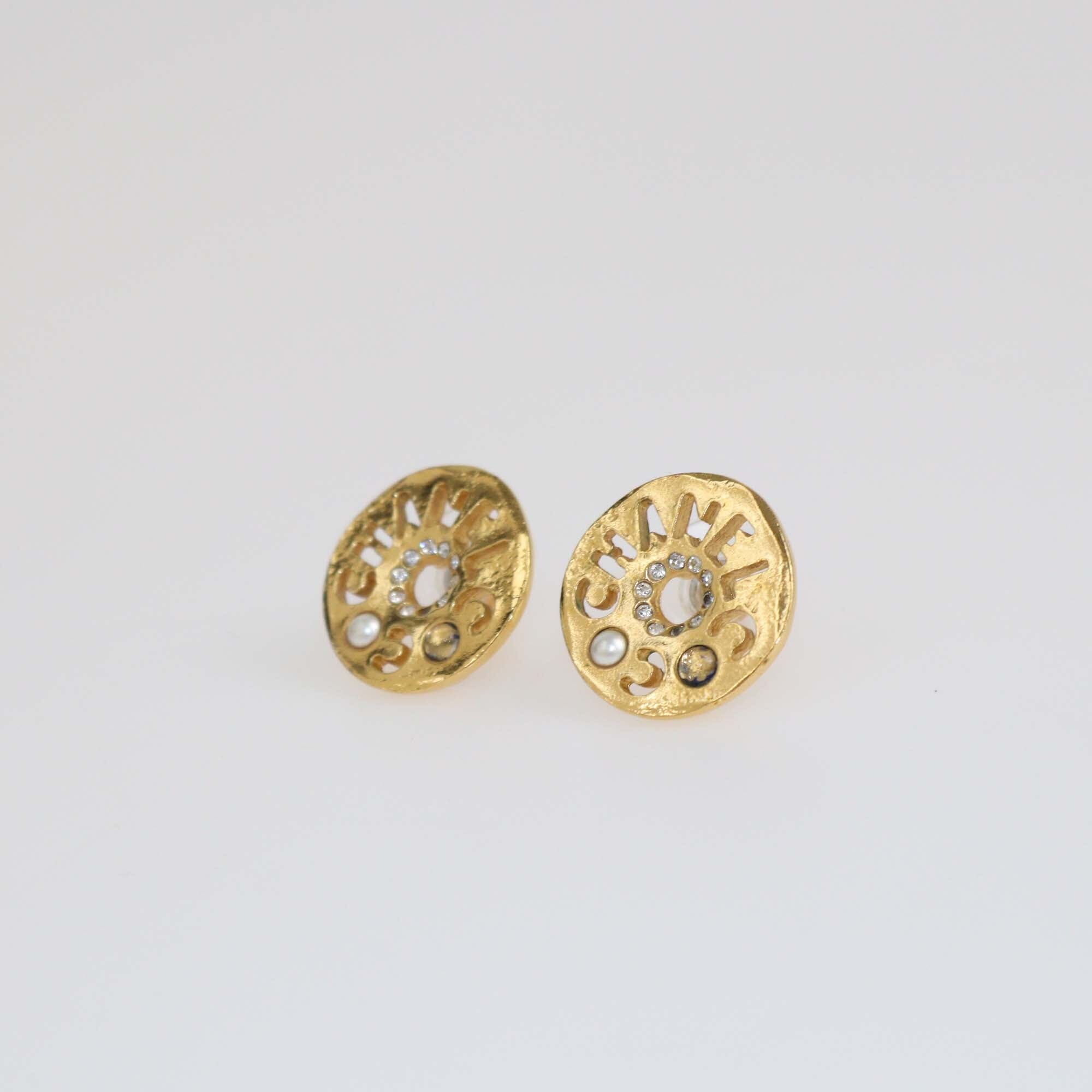 Chanel Gold Tone Metal Faux Pearl Crystal Coco Round Earrings Womens Chanel 