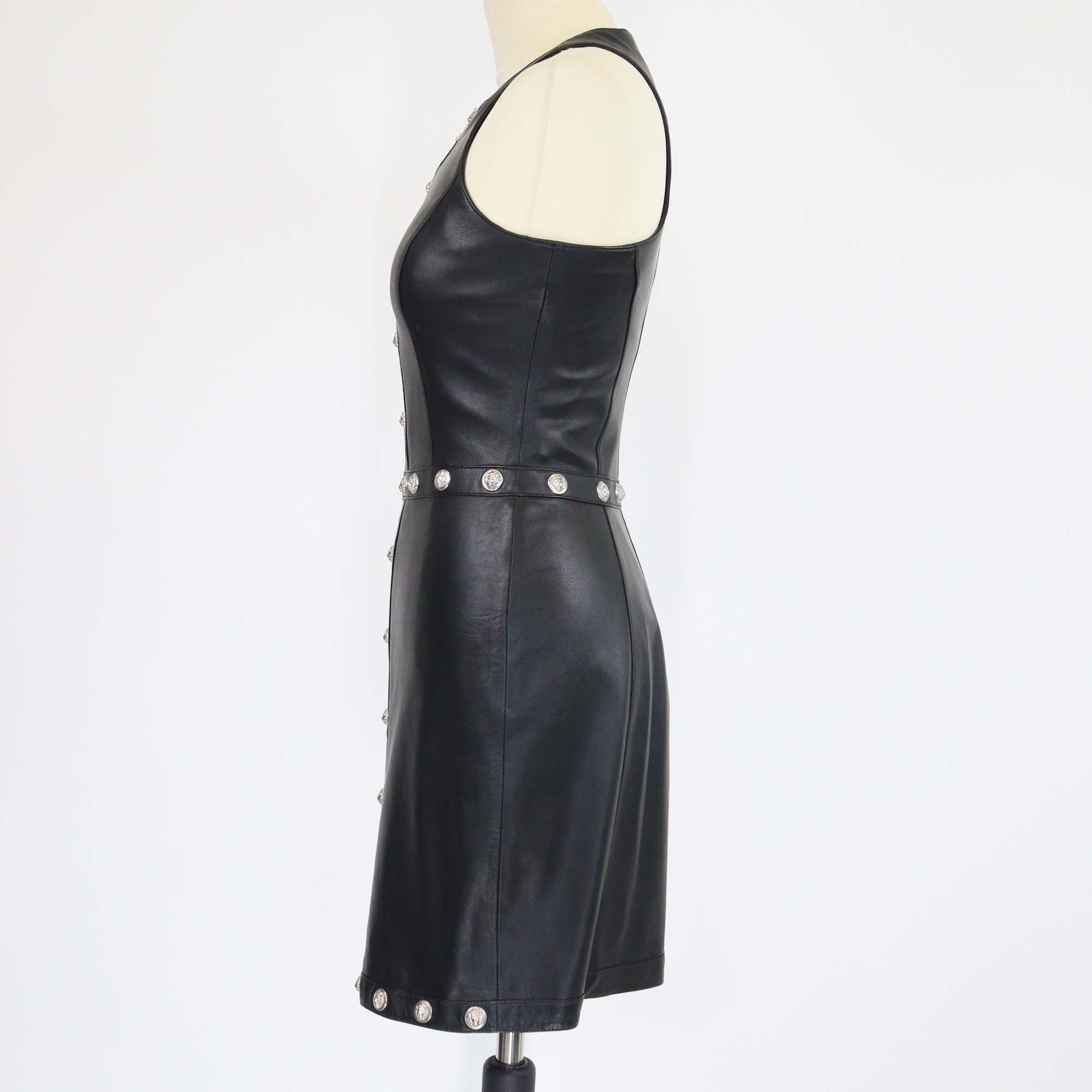 Versus Versace Black Leather Round Neck Sleeveless Studded A Line Dress