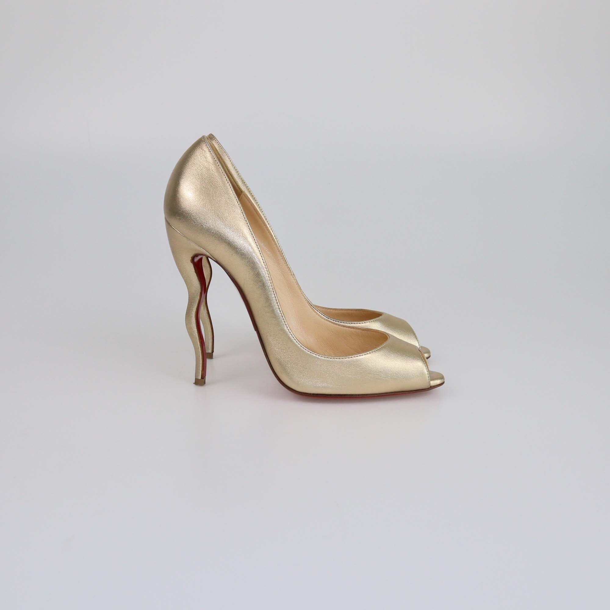 Christian Louboutin Gold New Very Prive Wavy Heel Peep Toe Pumps Womens Christian Louboutin 