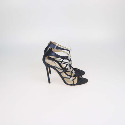 Jimmy Choo Navy Blue Shimmering Leather Tetrus Crystal Embellished Strappy Sandals