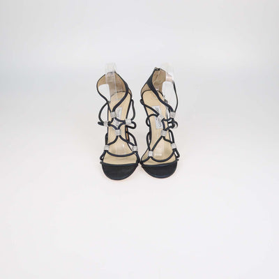 Jimmy Choo Navy Blue Shimmering Leather Tetrus Crystal Embellished Strappy Sandals