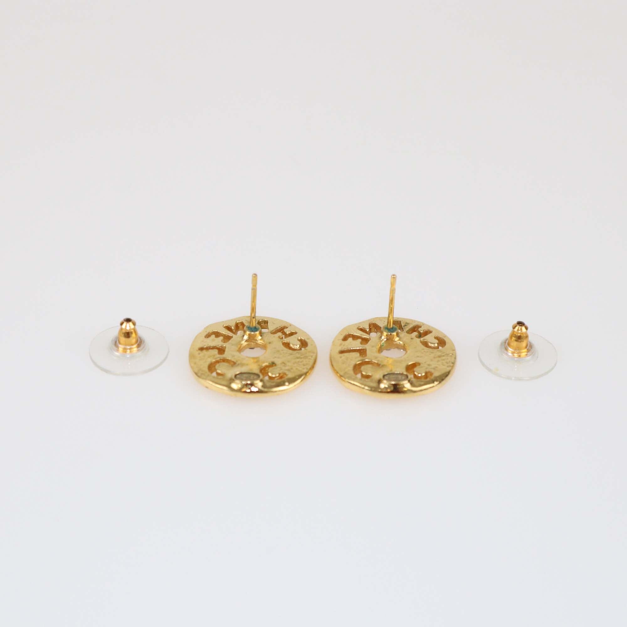 Chanel Gold Tone Metal Faux Pearl Crystal Coco Round Earrings Womens Chanel 