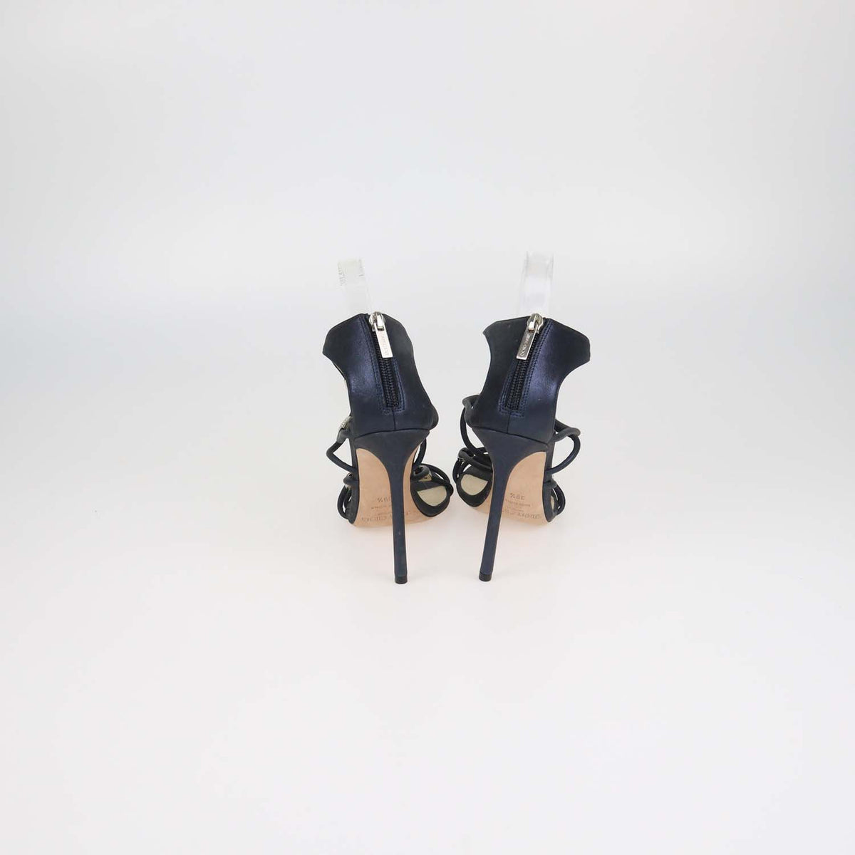 Jimmy Choo Navy Blue Shimmering Leather Tetrus Crystal Embellished Strappy Sandals