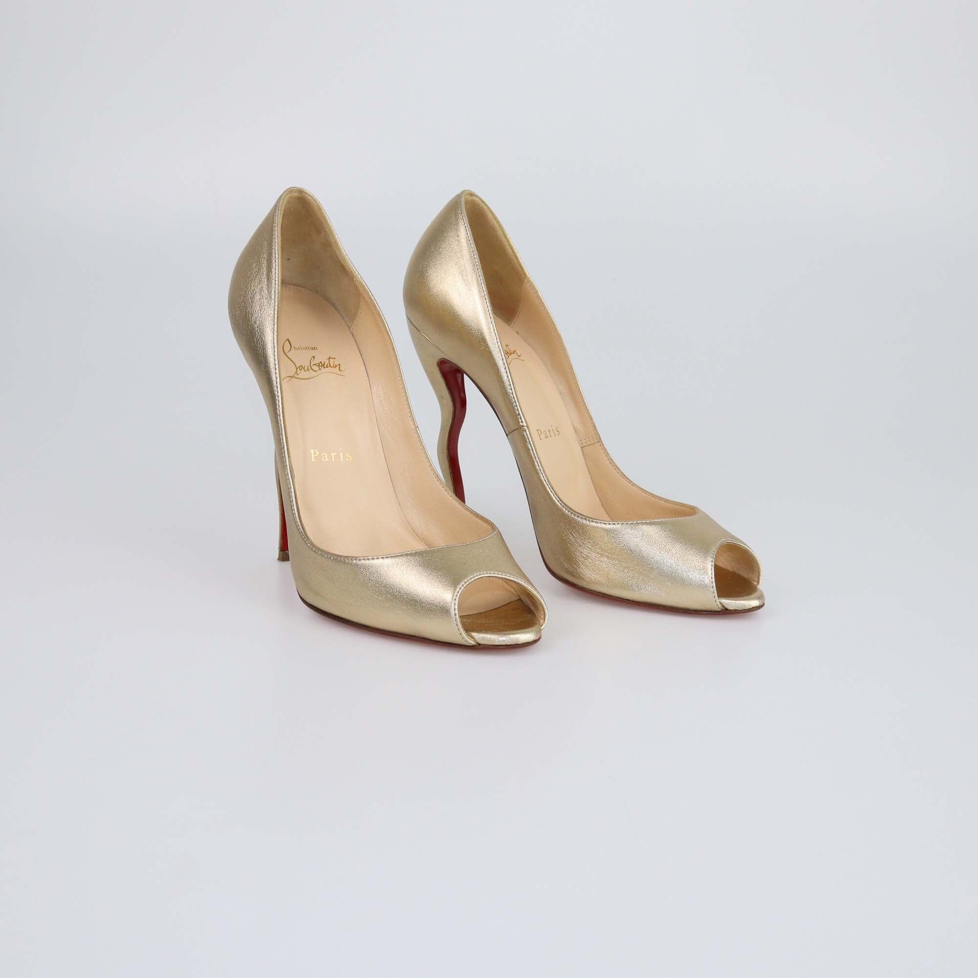 Christian Louboutin Gold New Very Prive Wavy Heel Peep Toe Pumps