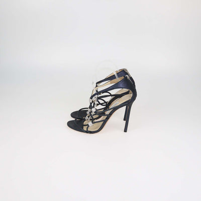 Jimmy Choo Navy Blue Shimmering Leather Tetrus Crystal Embellished Strappy Sandals