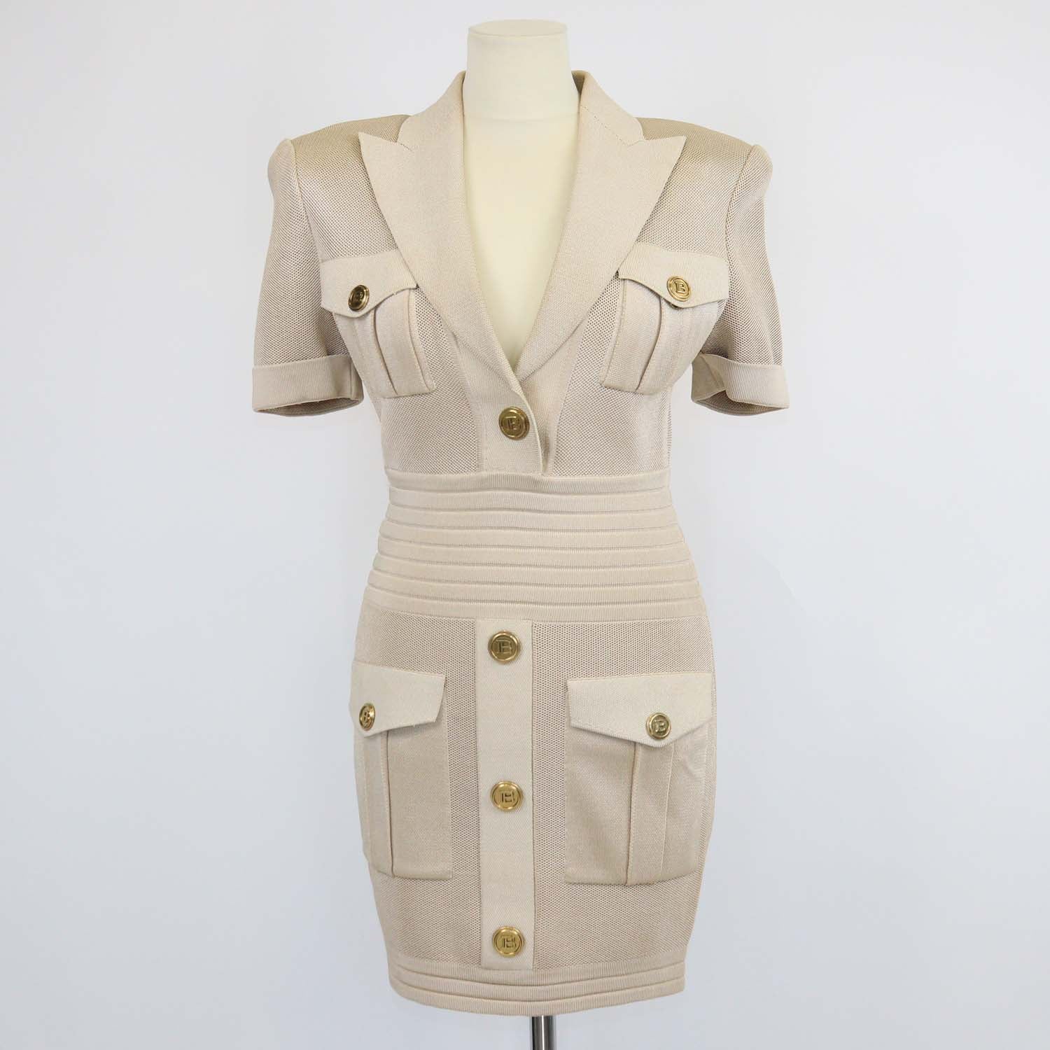 Balmain Beige Viscose Knitted Short Sleeve Mini Dress