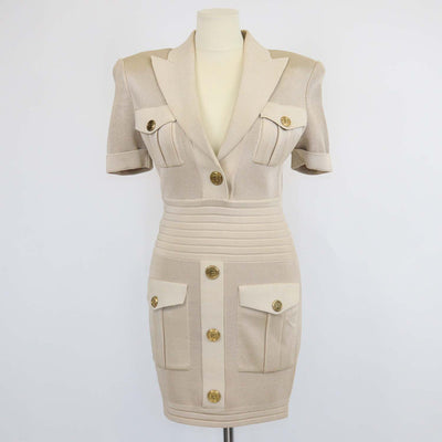 Balmain Beige Viscose Knitted Short Sleeve Mini Dress