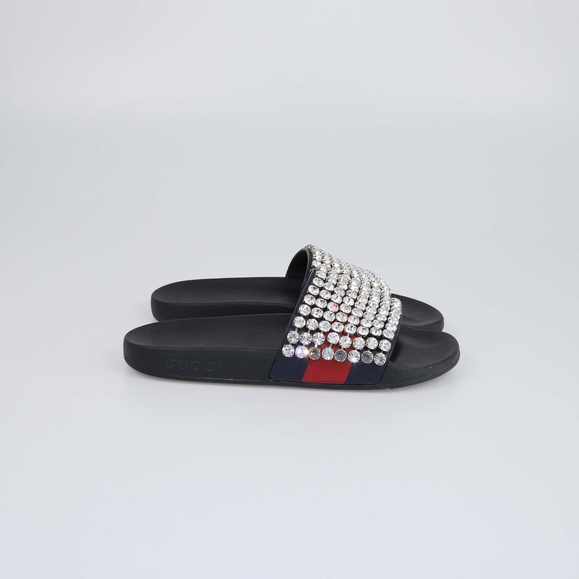 Gucci Navy Blue/Red Web Crystal Embellished Slides Womens Gucci 