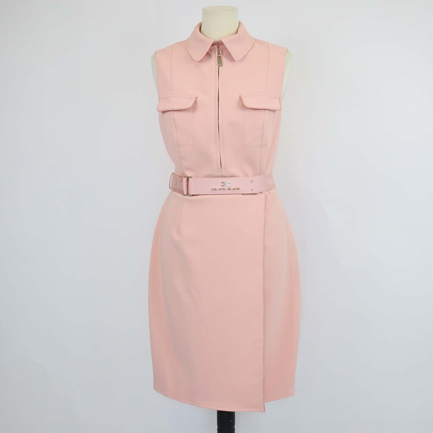 Elisabetta Franchi Pink Crepe Belt Sleeveless Dress