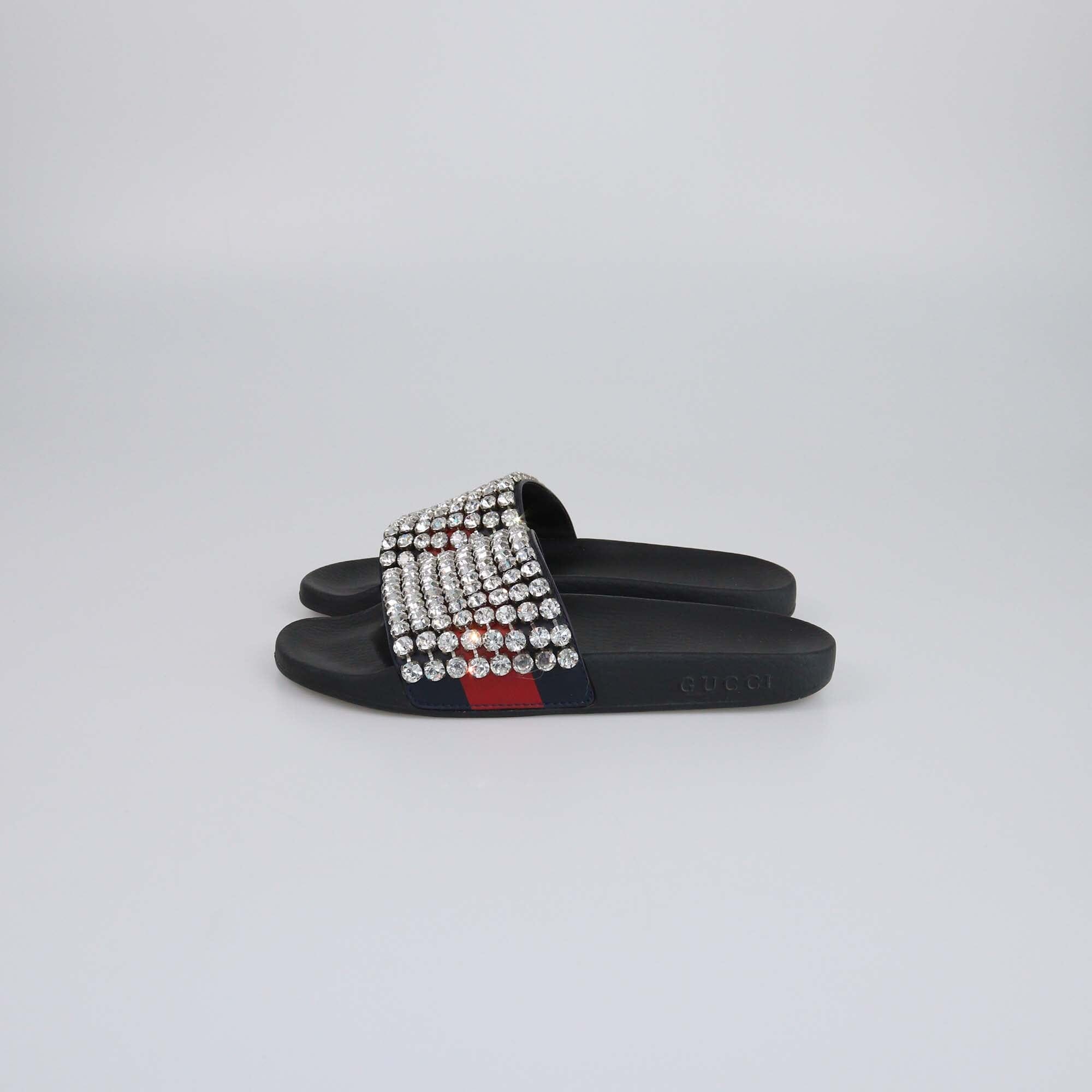 Gucci Navy Blue/Red Web Crystal Embellished Slides Womens Gucci 