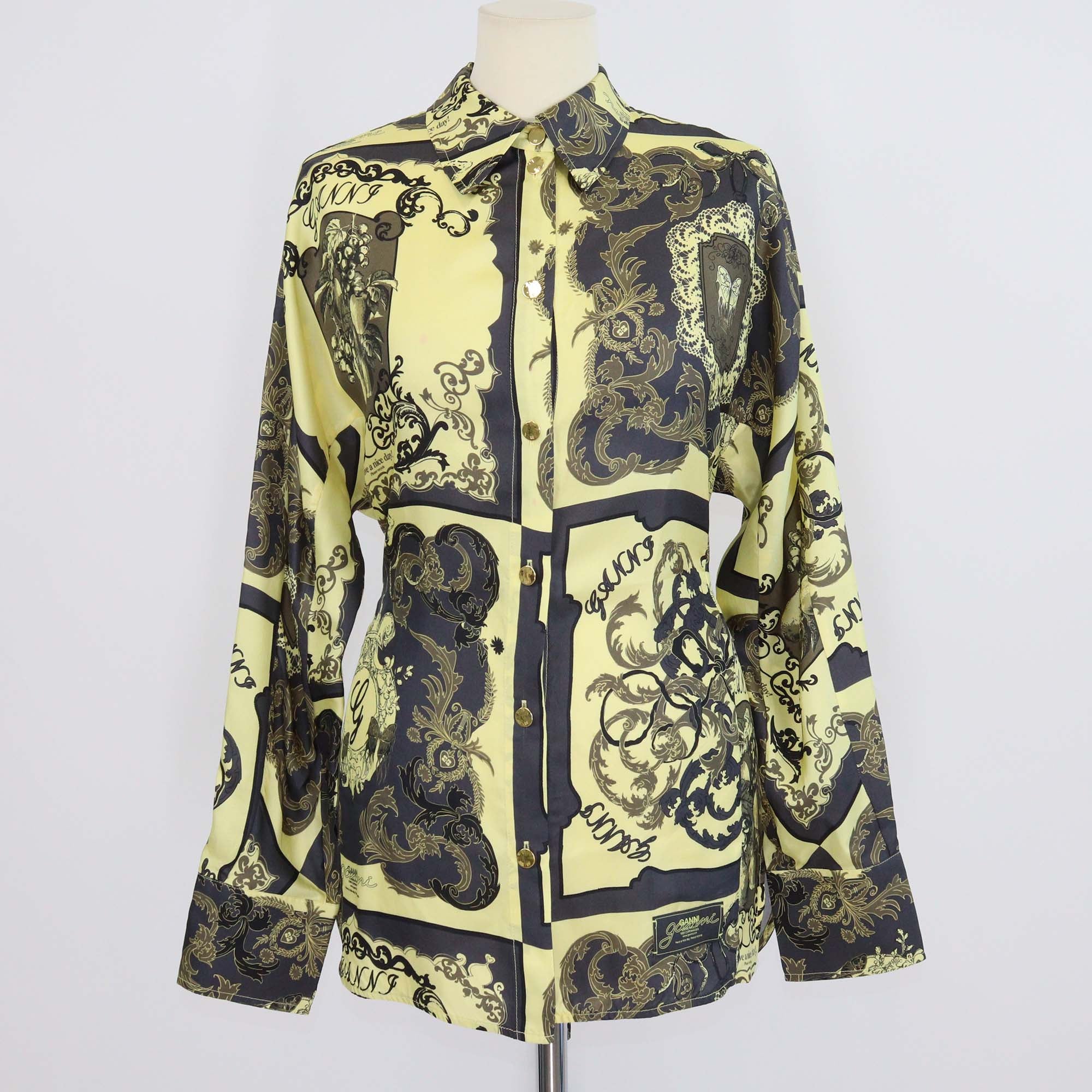 Gianni Versace Black/Gold Silk Printed Back Tie Long Sleeve Shirt