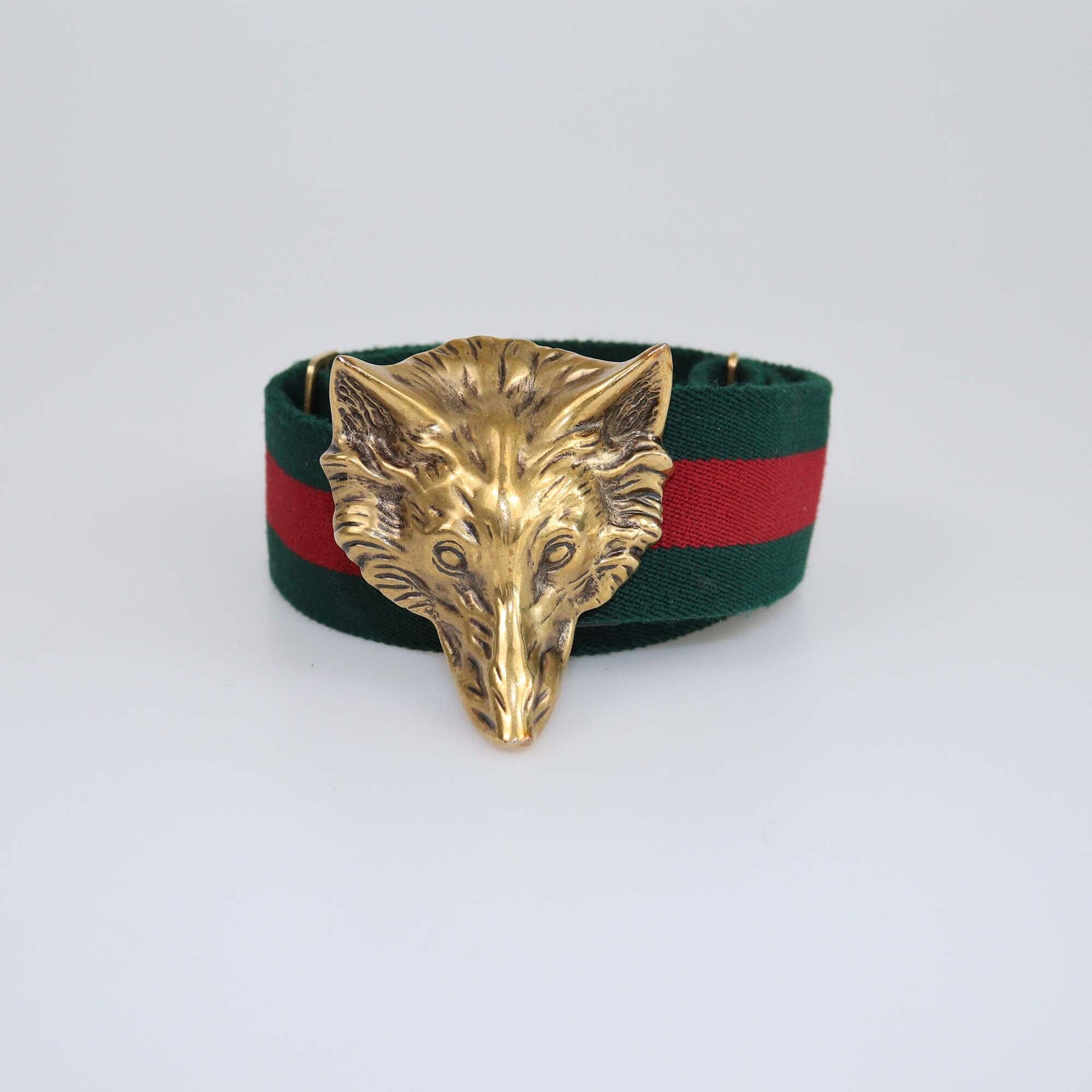 Gucci Green Web Elastic Wolf Buckle Belt