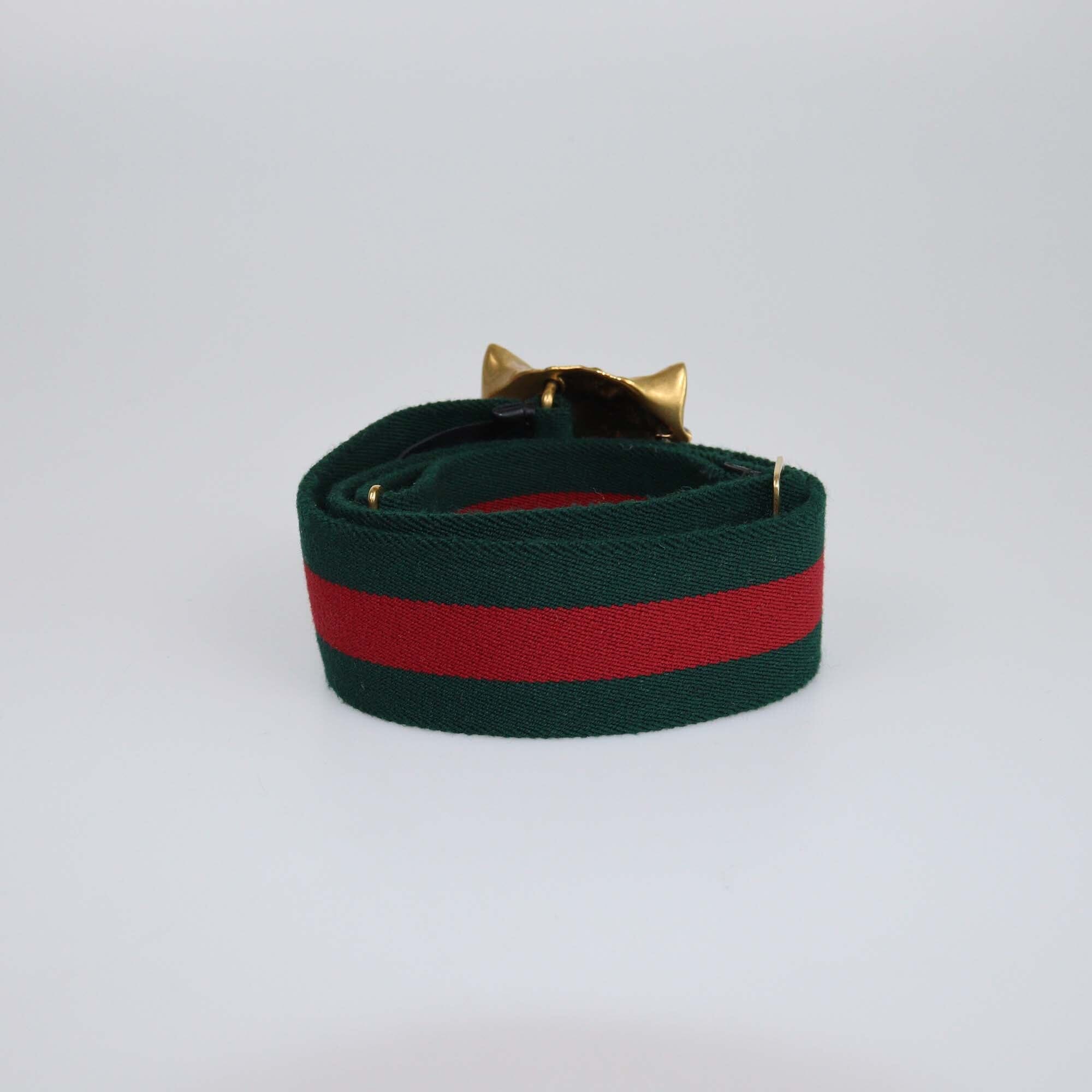 Gucci Green Web Elastic Wolf Buckle Belt Womens Gucci 