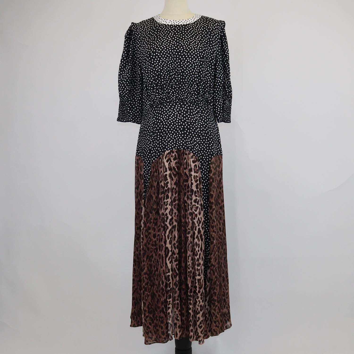Rixio Black/Brown Viscose Polka Dot & Leopard Print Three Quarter Sleeve Maxi Dress