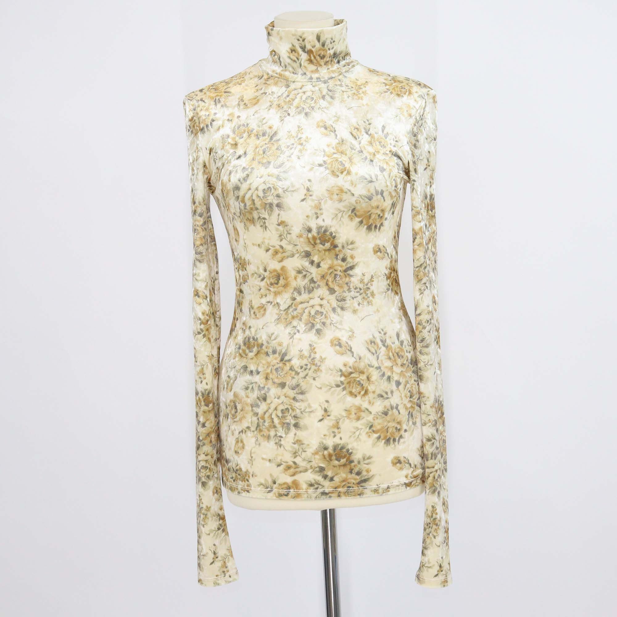 Ganni Perle Beige Floral Print Velour Roll Neck Top