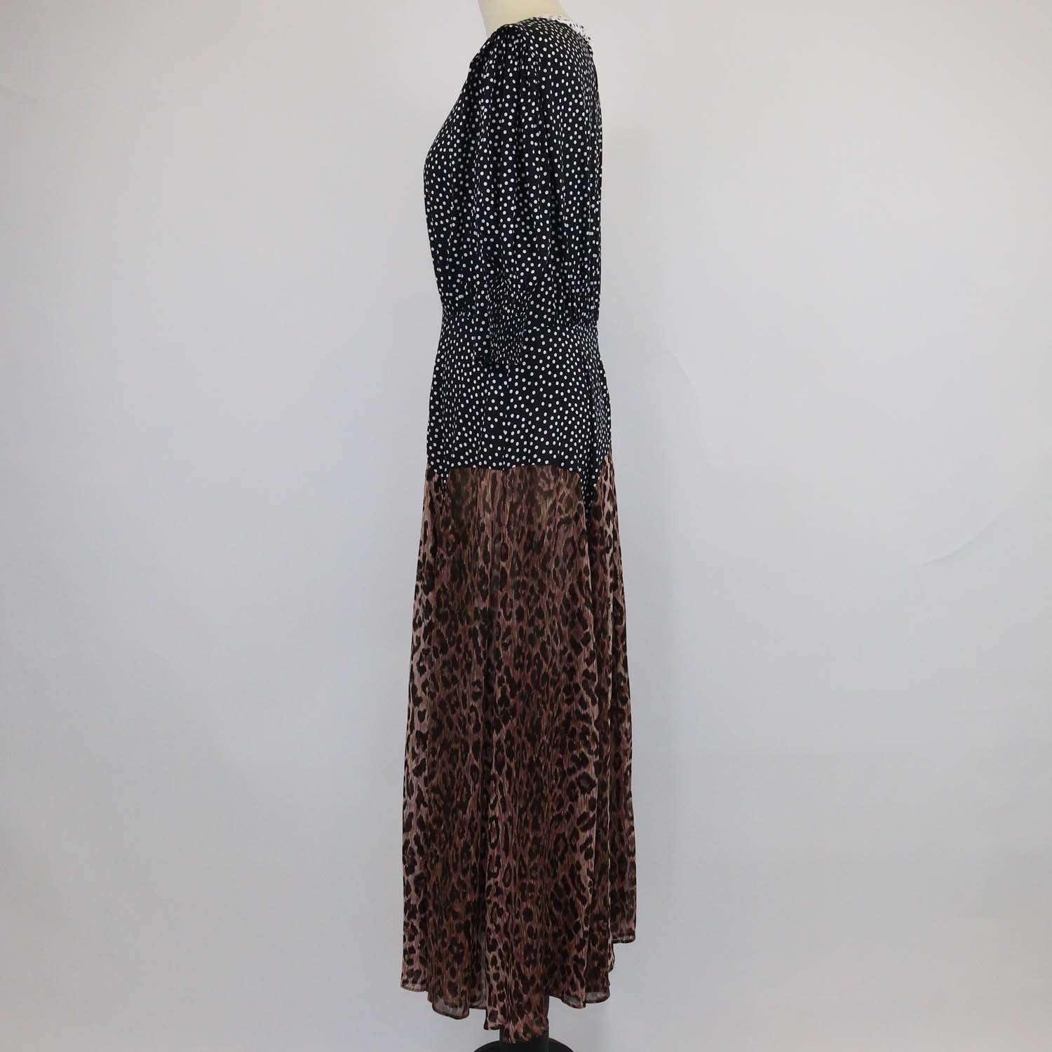 Rixio Black/Brown Viscose Polka Dot & Leopard Print Three Quarter Sleeve Maxi Dress