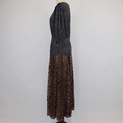 Rixio Black/Brown Viscose Polka Dot & Leopard Print Three Quarter Sleeve Maxi Dress