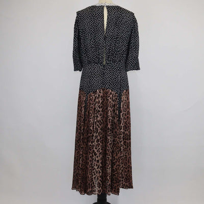 Rixio Black/Brown Viscose Polka Dot & Leopard Print Three Quarter Sleeve Maxi Dress