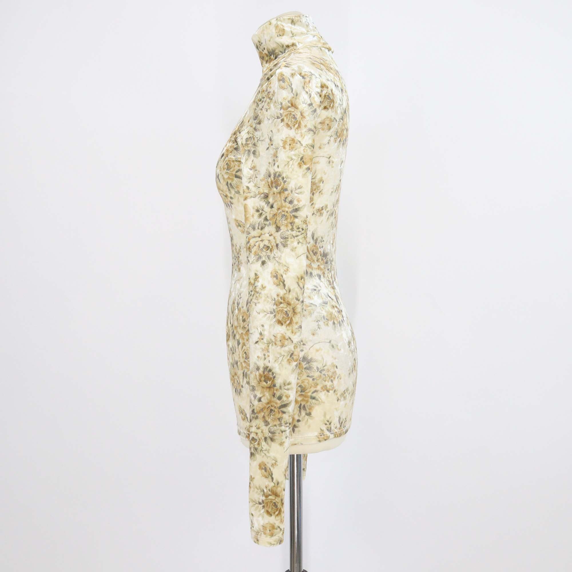 Ganni Perle Beige Floral Print Velour Roll Neck Top