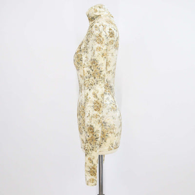 Ganni Perle Beige Floral Print Velour Roll Neck Top