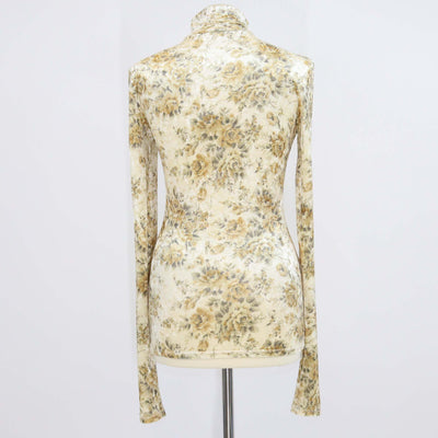 Ganni Perle Beige Floral Print Velour Roll Neck Top