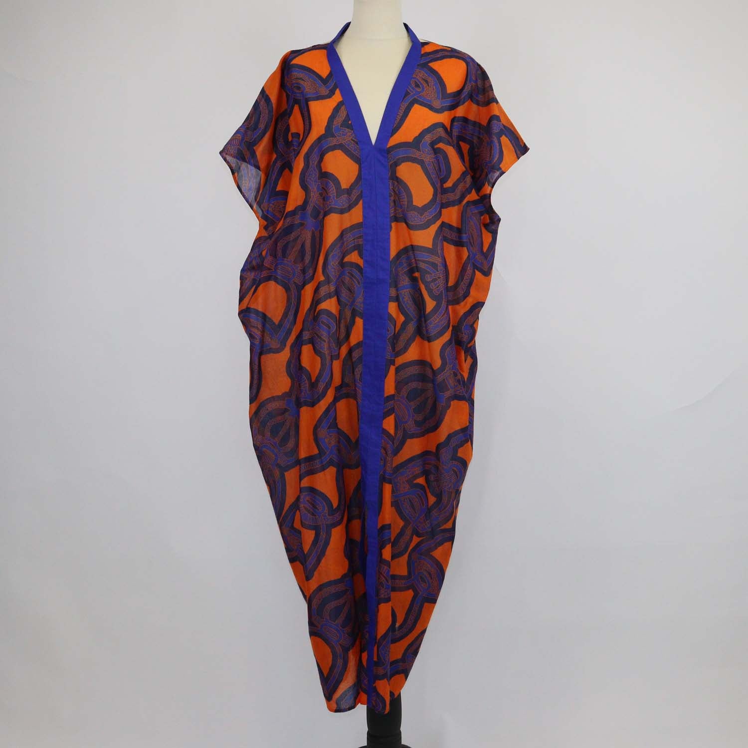 Hermes Blue/Orange Coton Fantaisie d'Étriers Kaftan