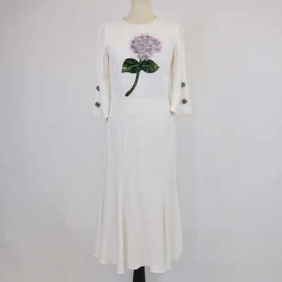 Dolce & Gabbana Off White Blend Viscose Hydrangae Embellished Midi Dress