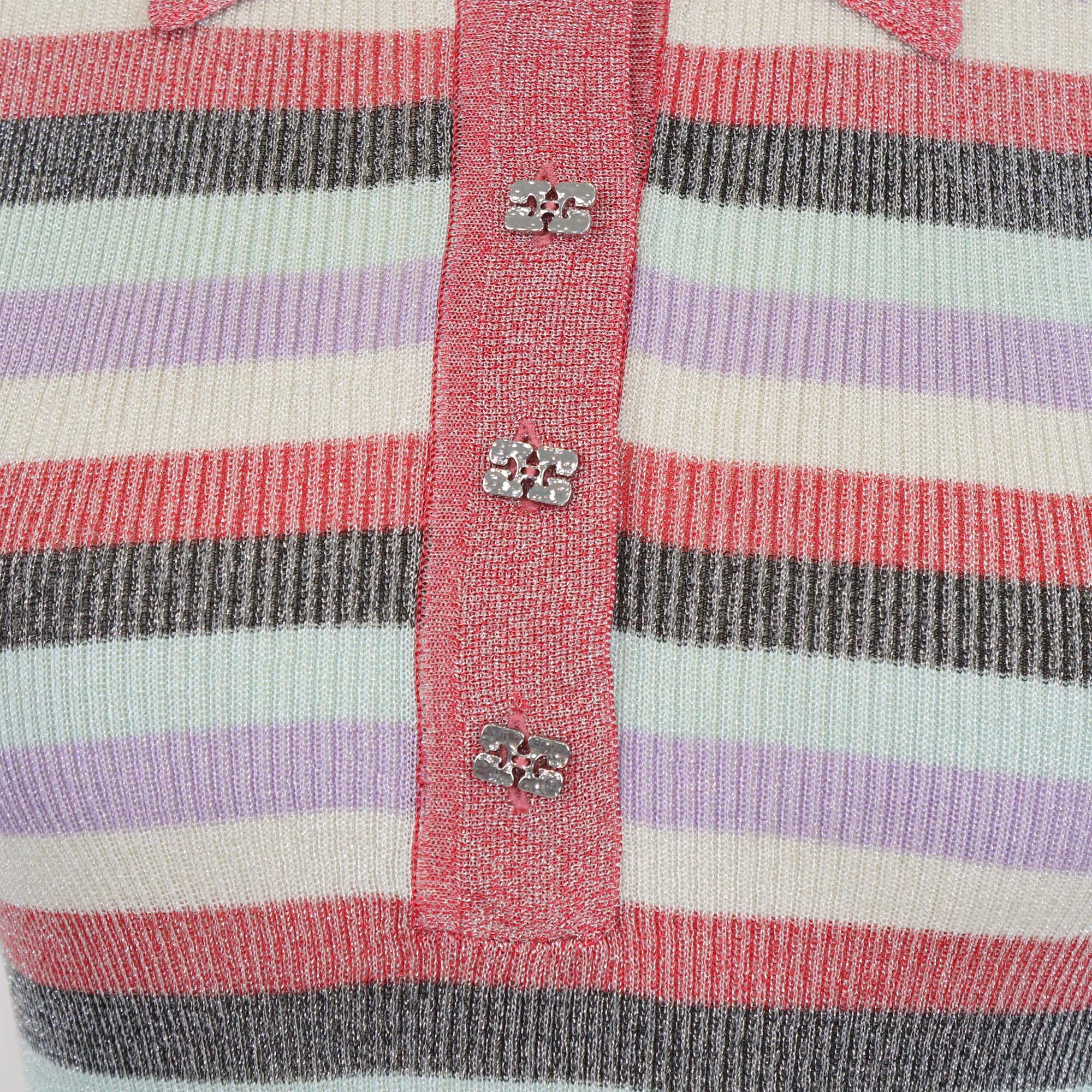 Ganni Multicolor Lurex Striped Knitted Polo Top