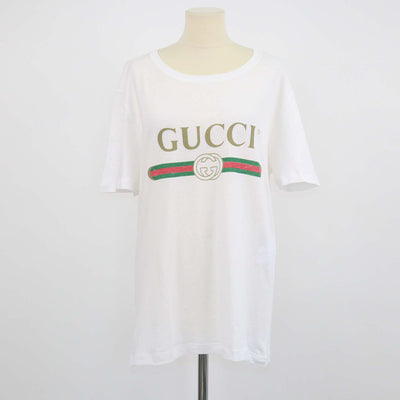 Gucci White Cotton Logo Print Distressed T-Shirt
