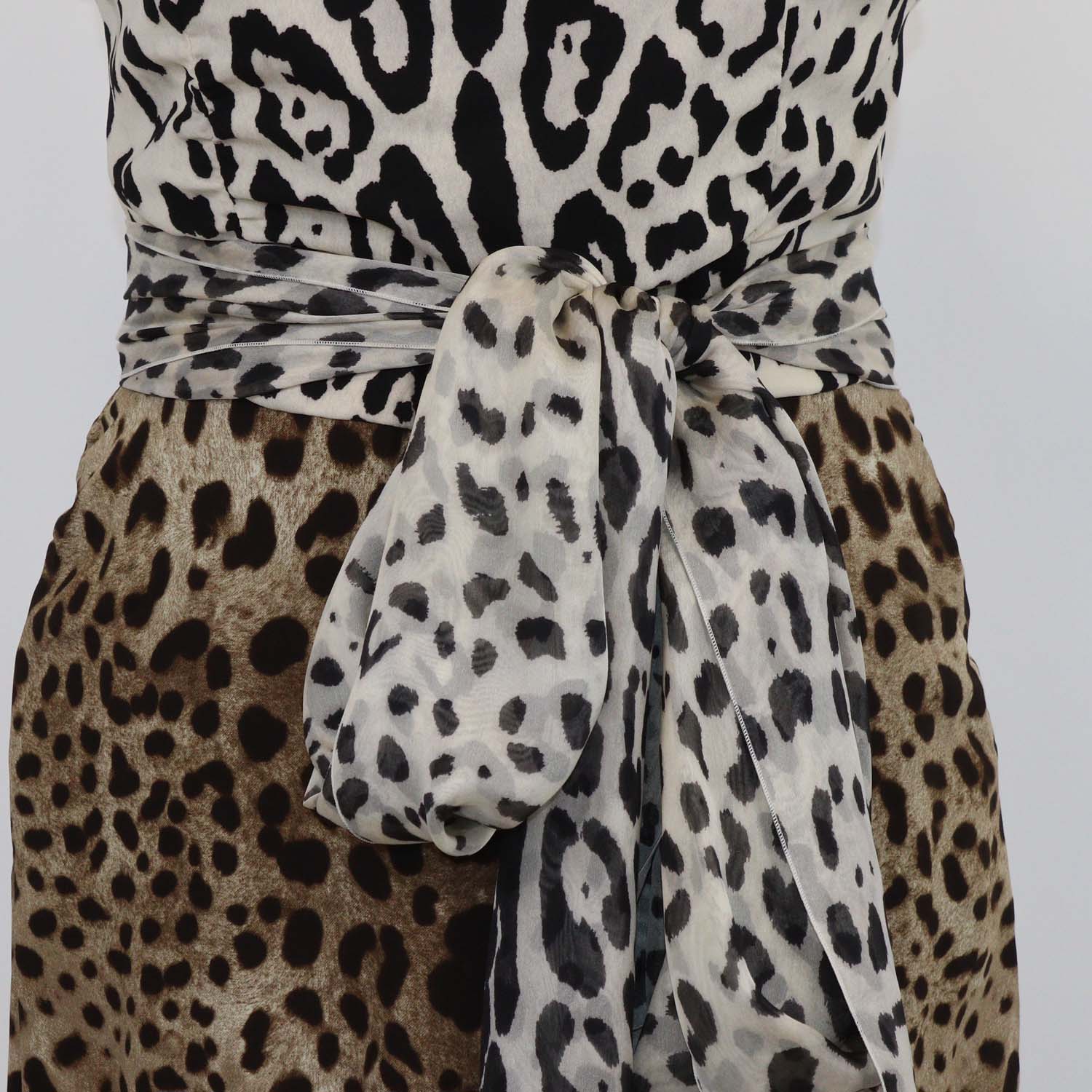 Dolce & Gabbana Brown/Off White Silk Leopard Print Crepe Off-Shoulder Midi Dress