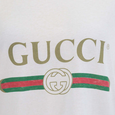 Gucci White Cotton Logo Print Distressed T-Shirt